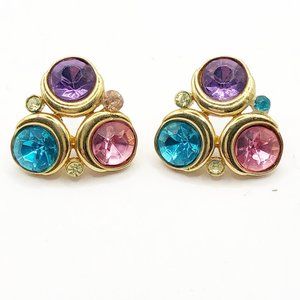 Vintage Trifari Post Earrings Pink, Purple & Blue Rhinestones Gold Tone Setting